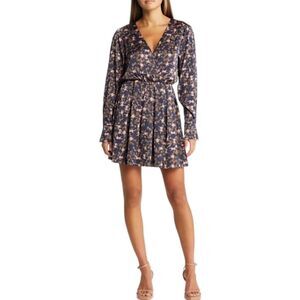 Charles Henry Pleated Long Sleeve Floral Minidress, Size S, Navy Allover w/ Pink